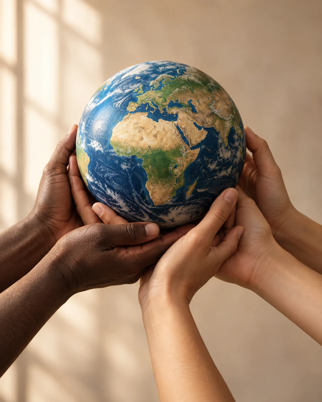 Hands with diverse skin tones gently holding a globe